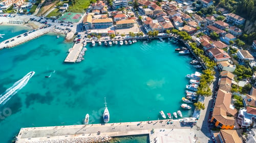 Preview: Aerial view of the port of the coastal village of Vasiliki in the south of the Lefkada, Greece