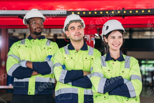 Preview: Three construction workers wearing bright green safety vests stand together
