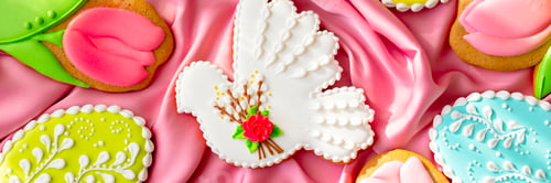 Preview: background banner greeting card for Happy Easter with set colorful eggs, Easter cake gingerbread