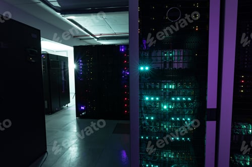 Preview: Data center with multiple rows of fully operational server racks