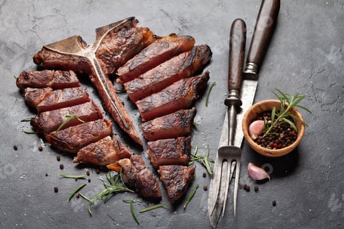 Preview: Grilled porterhouse beef steak. Sliced T-bone