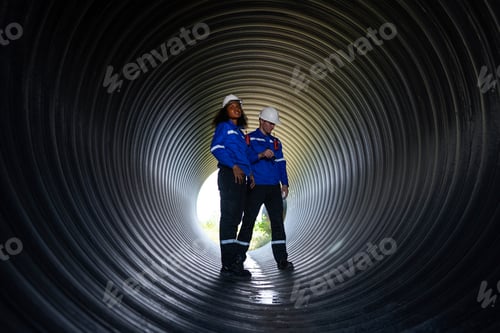 Preview: Male Heavy Industry Engineers Inside Pipe Checking Welding.
