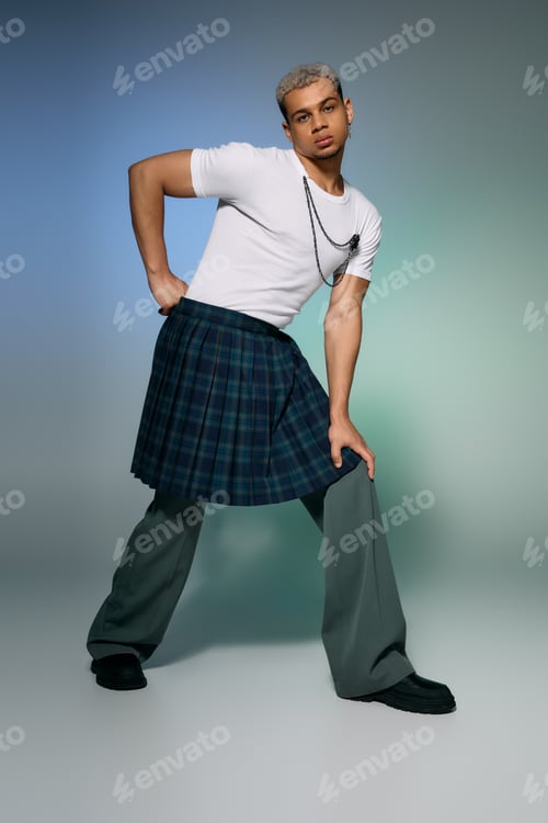 Preview: Young African American man showcases bold fashion choice in studio setting