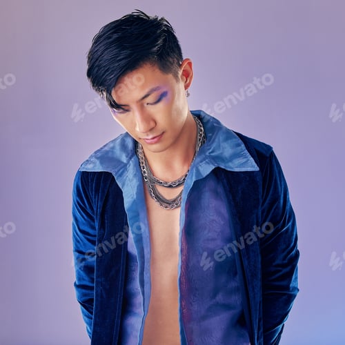 Preview: Asian man, fashion and cyberpunk makeup aesthetic for futuristic beauty or vintage clothes. Retro,