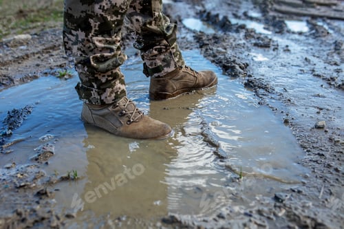 Preview: Armed Forces of Ukraine. Ukrainian soldier. Brown military boots on mud and puddle.