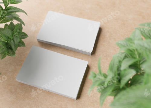 Preview: Blank white business cards with plants on light brown background. Natural mock up