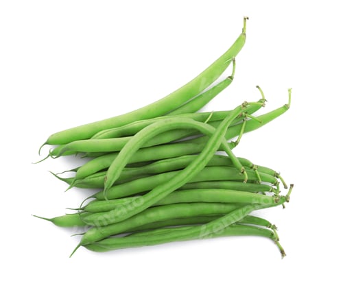 Preview: Fresh green beans on white background, top view