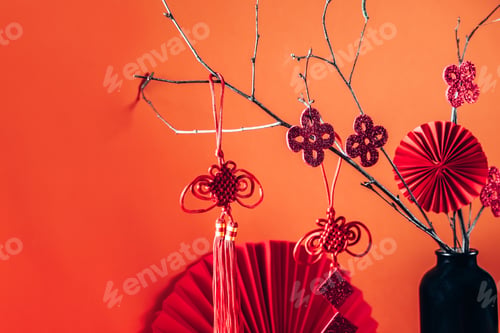 Preview: Chinese New Year .Decor pattern fan on red background. Red paper fans .Lunar New Year banner templat