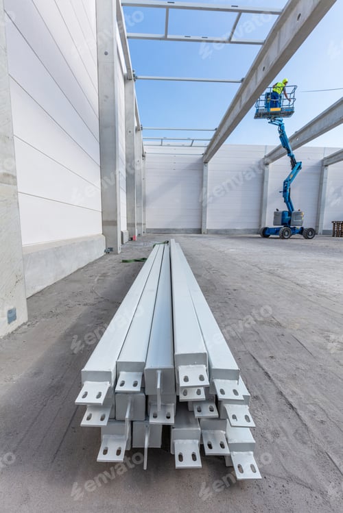 Preview: Warehouse construction site and steel profiles. Industrial building