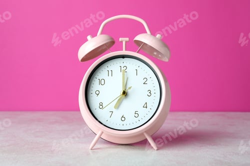 Preview: Alarm clock on white textured table against pink background