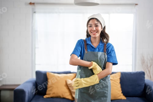 Preview: Portrait of Asian cleaning service woman worker working in house.