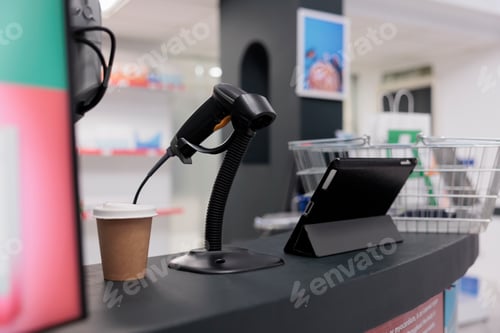 Preview: Empty health care facility counter desk equipped with store display and computer
