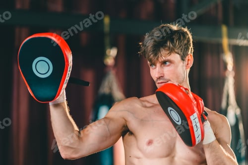 Preview: Boxing gym, man portrait and boxer pose technique for protection in mma fight practice studio