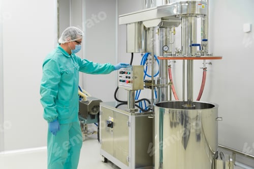 Preview: Pharmaceutical factory man worker in protective clothing working with control panel in sterile