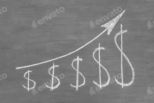 Preview: Up arrow and dollar icons drawn with white chalk on a gray chalkboard