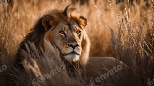 Preview: Regal Lion Basking in the Sun Amongst Tall Grass