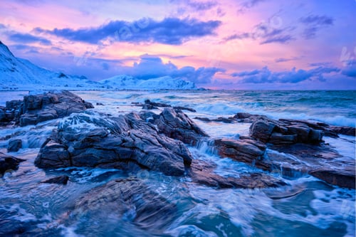 Preview: Norwegian Sea waves on rocky coast of Lofoten islands, Norway