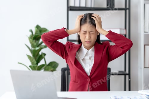 Preview: Stressed Asian Businesswoman Coping with Corporate Pressure at Office Desk.