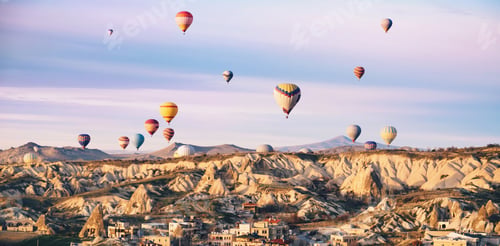 Preview: Colorful hot air balloons flying over the city at Cappadocia, Turkey.
