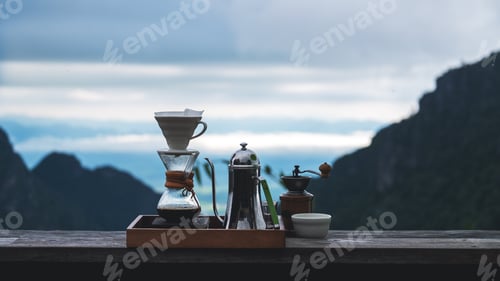 Preview: A set of coffee drip equipment with mountain and nature background