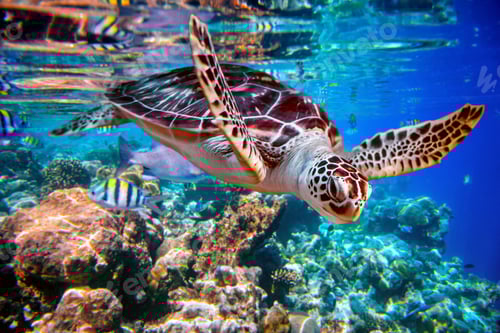 Preview: Sea turtle swims under water on the background of coral reefs