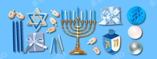 Preview: Colorful Hanukkah decor: menorah, dreidels, gifts on blue background
