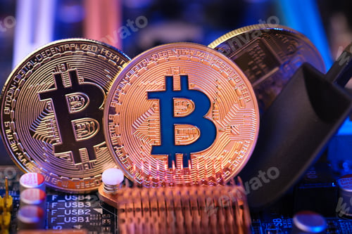 Vista previa: Bitcoin crypto currency on circuit board .virtual money.blockchain technology.mining concept