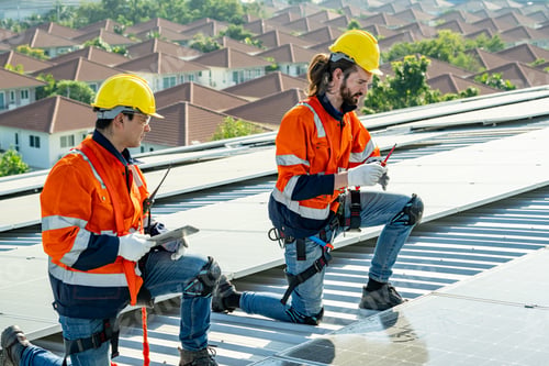 Preview: Engineer working setup Solar panel at the roof top. Engineer or worker work on solar panels or solar