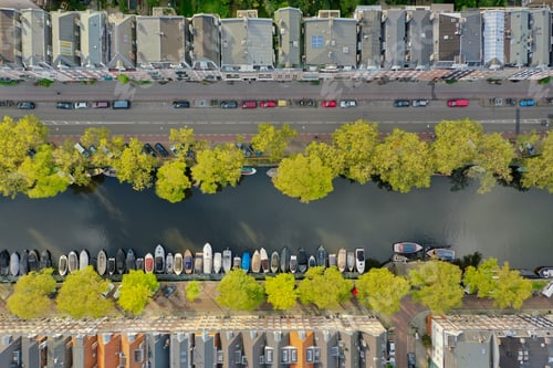 Preview: Aerial shot of canal in Amsterdam centre, lines are vertical