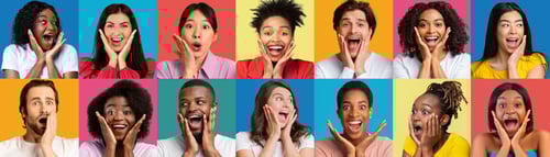 Preview: Excited People Portraits with Surprised Expressions on Colorful Backgrounds