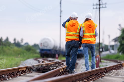 Vorschau: Zwei Eisenbahner stehen Seite an Seite auf Bahngleisen