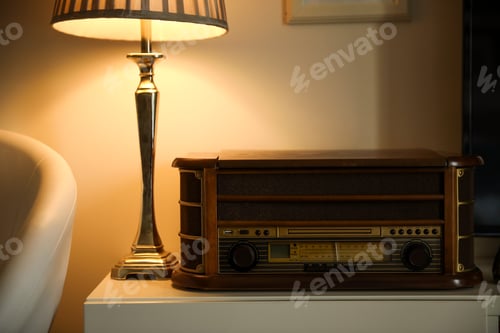 Preview: Vinyl record player and lamp on white table indoors