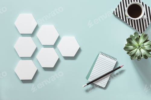 Preview: Colourful composition of creative workspace with copy space and stylish office accessories.