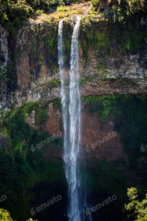 Preview: Waterfall flows into the crater of the volcano in Mauritius. National Park Chamarel.