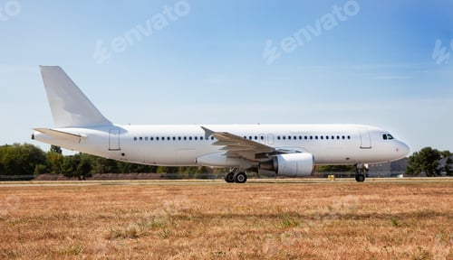 Preview: A white plane on the airport runway is taxiing. Takeoff and landing. Arrival and departure. Place