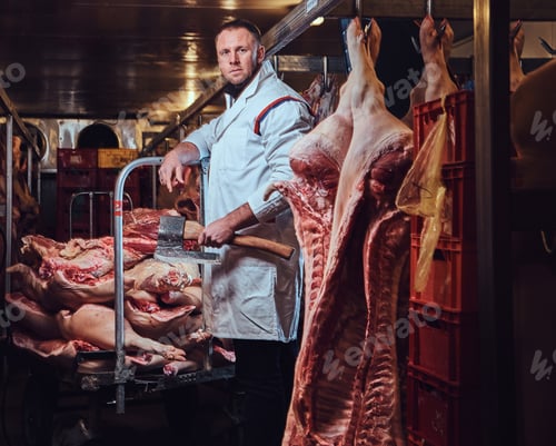 Preview: A butcher in a meat factory.