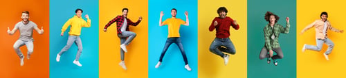 Preview: Big Luck. Diverse Happy Males Jumping Against Bright Backgrounds In Studio