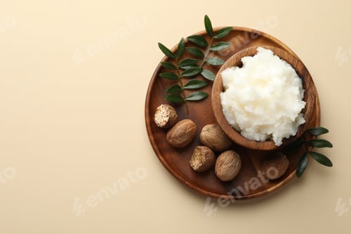 Preview: Natural shea butter on beige background, top view. Space for text