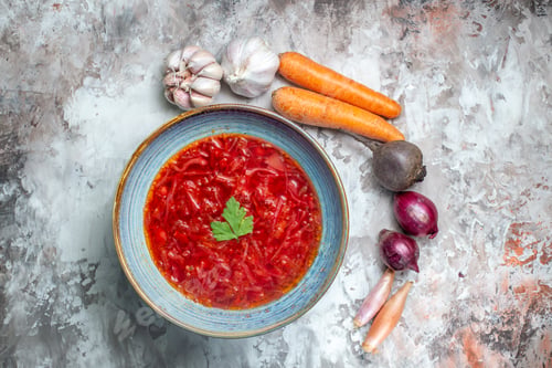 Preview: top view tasty borsch with fresh vegetables on white background cuisine dish color meal
