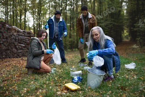 Preview: Group of volunteers cleaning up forest from waste, community service concept