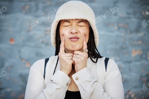 Preview: Cute, fashion and face of woman in city with trendy clothes, accessories and style with pose. Emoji