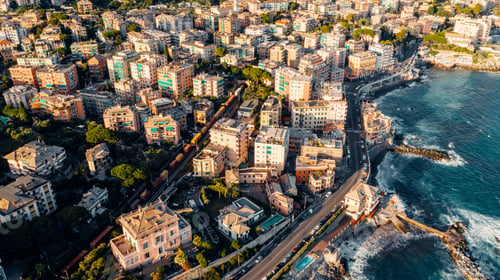 Preview: Aerial view over coast of Liguria, beach in Quarto dei Mille by Genova, Italy.