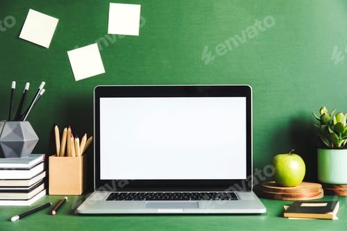 Preview: Laptop with a Blank Screen on Green Desk