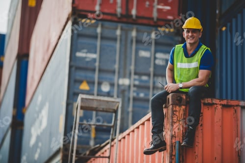 Preview: foreman or engineer work in container shipping industry warehouse, logistic transport delivery