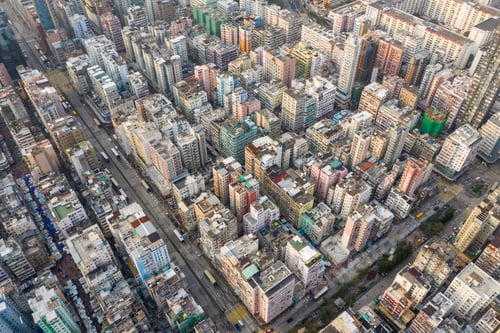 Preview: Sham Shui Po, Hong Kong, 19 March 2019: Drone fly over Hong Kong city with top down view
