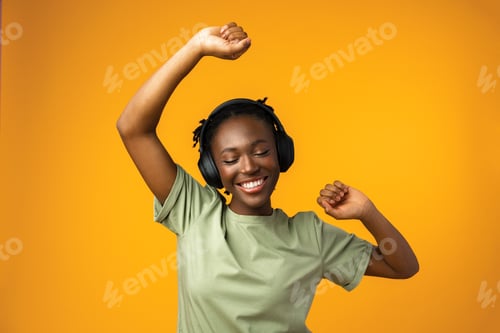 Preview: Happy young Afro American woman listening to music in headphones against yellow background