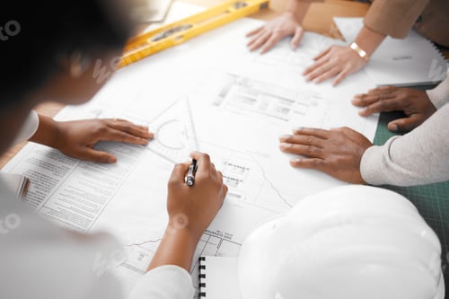 Preview: Hands, collaboration and architecture with a building team working in their office on design from a