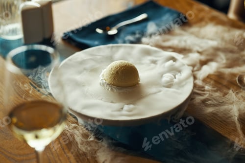 Preview: Vanilla Ice Cream Ball Sitting on Plate with Dramatic Smoke Effect