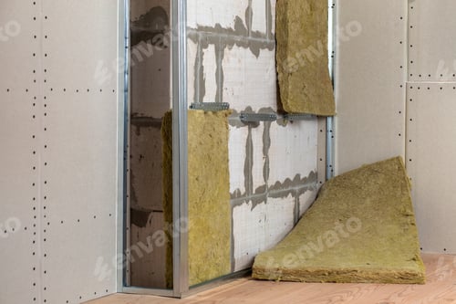 Preview: Wall of a room under renovation with mineral rock wool insulation and metal frame prepared for