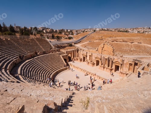 Preview: Details of famous historical Southern Theater, ancient Roman structure in Jerash, Jordan.